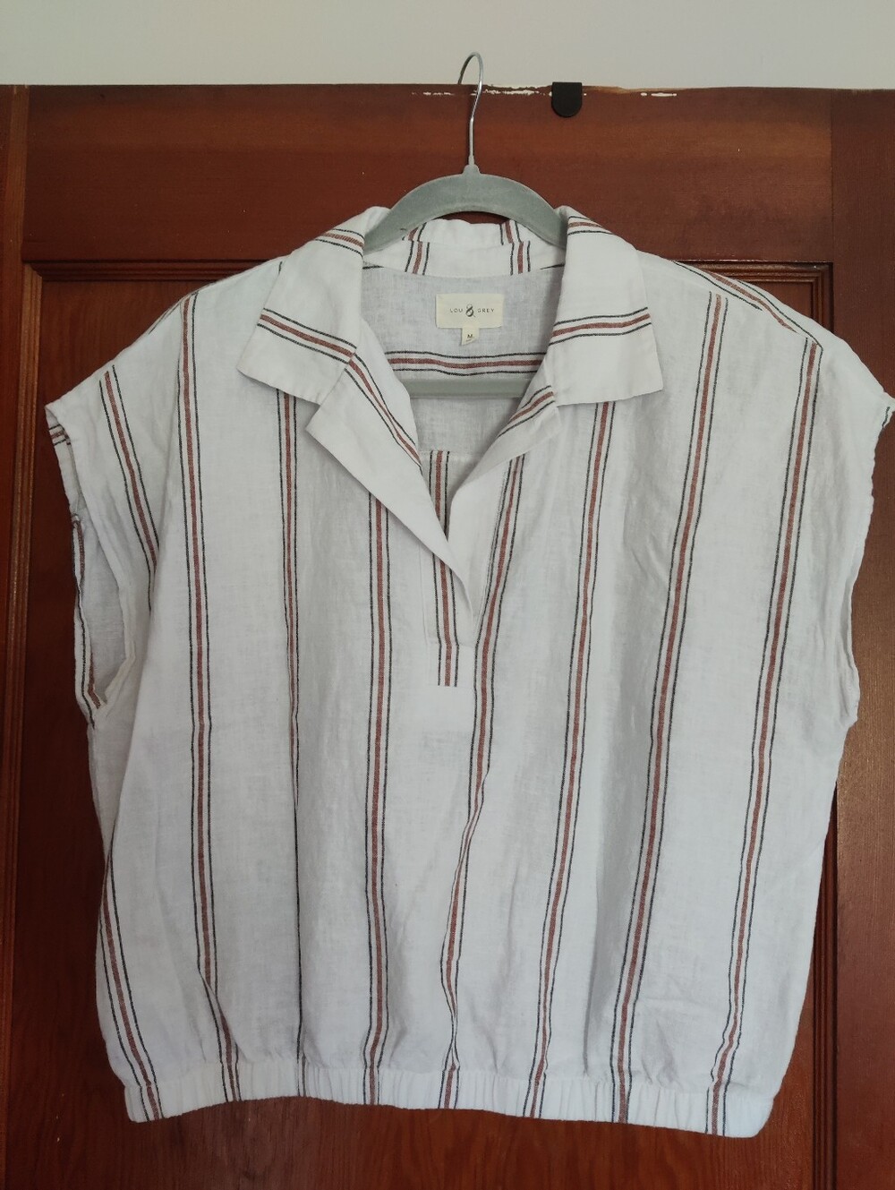 Lou & Grey Striped Collared Pullover Top Sz M, cotton and linen blend